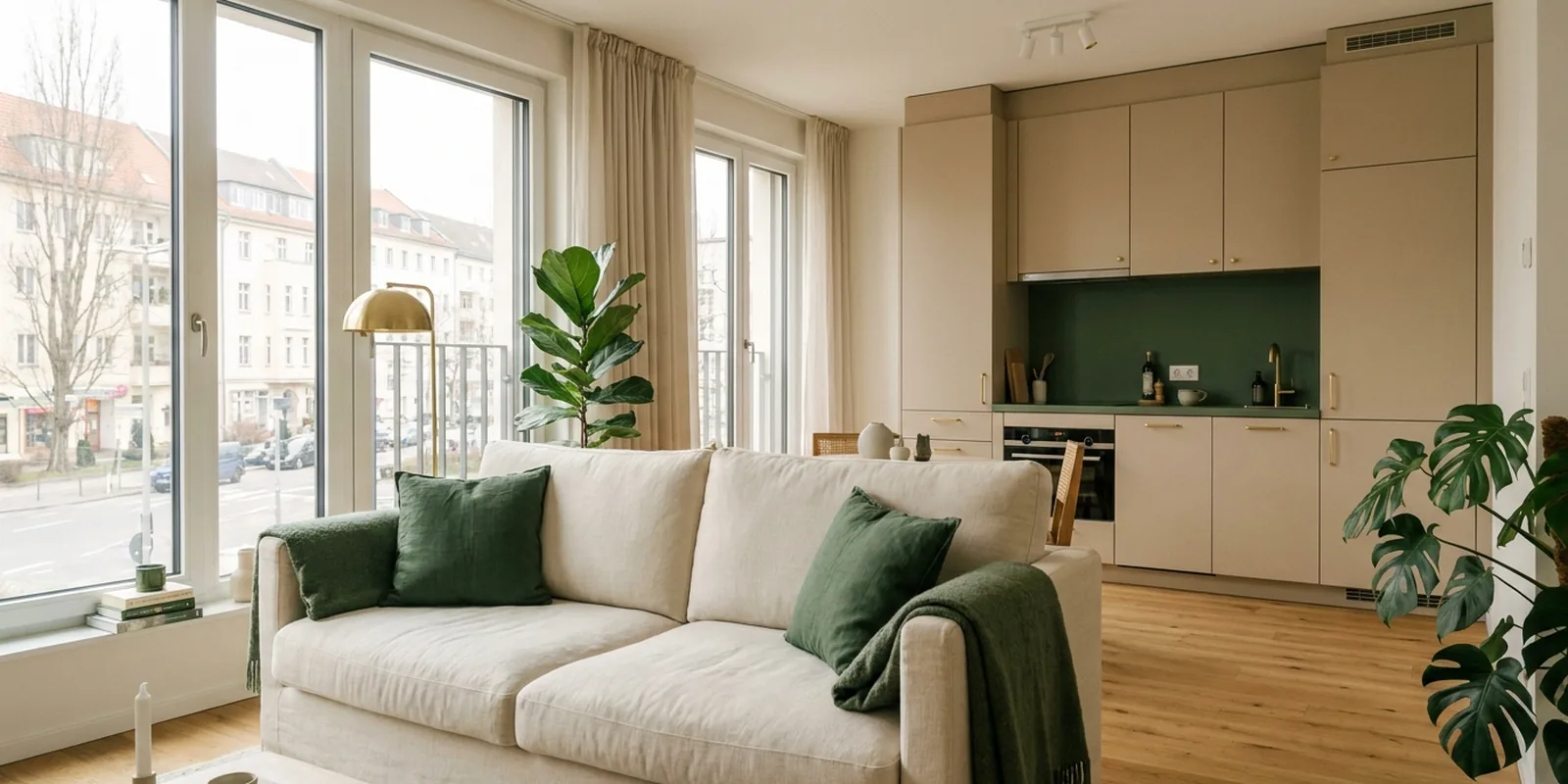 Warmer, möblierter Wohnbereich eines Serviced Apartments mit Sofa, Küchenzeile und großen Fenstern