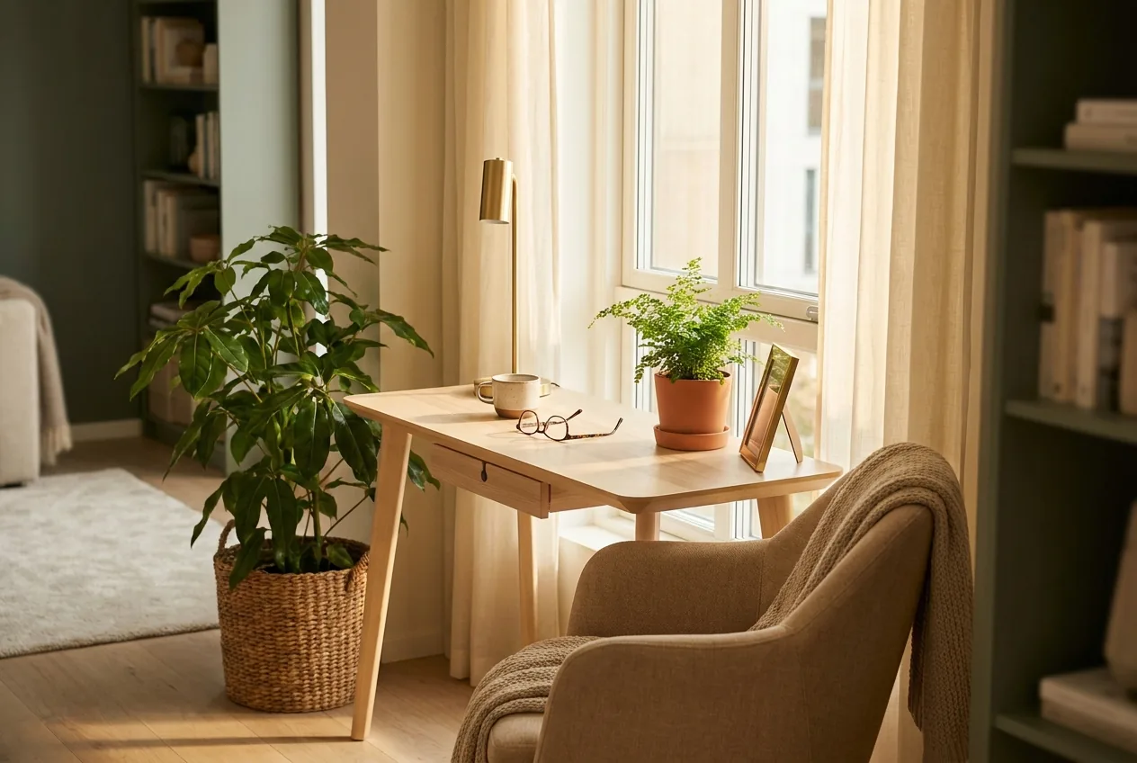 Ruhige Arbeitsecke in einem Apartment, Schreibtisch am Fenster